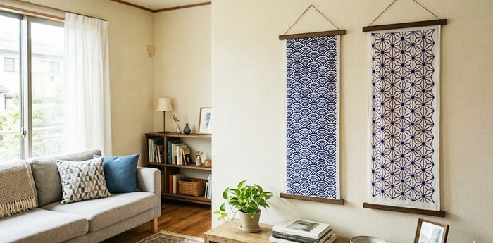 タペストリー棒を使用して、2枚のデザインが異なるのれんを、縦長長方形の状態でおしゃれなタペストリーとしてお部屋に飾っている画像