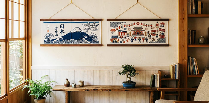 タペストリー棒を使用して、2枚のデザインが異なるのれんを、横長長方形の状態でおしゃれなタペストリーとしてお部屋に飾っている画像